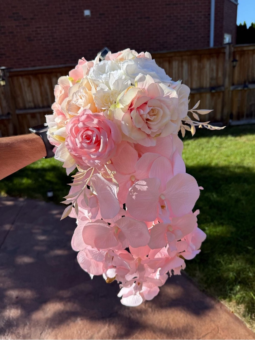 Elegant Pink & Cream Cascading Silk Floral Bouquet - Unbranded